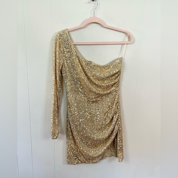 Windsor gold sequin one shoulder long sleeve mini dress cocktail event M new - Picture 2 of 7